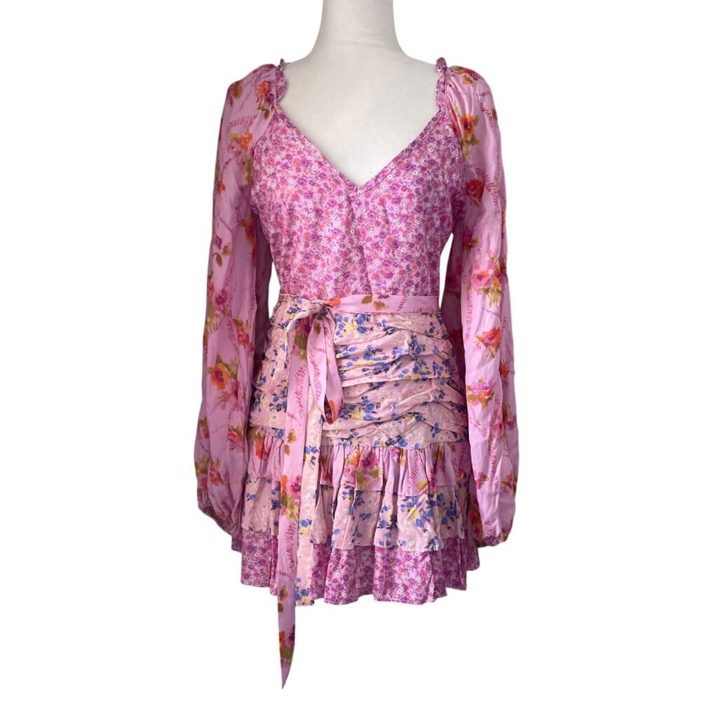 For Love Bell Pink Patchwork Ruffle Mini Dress Boho SZ M